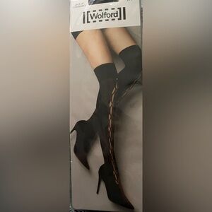 Wolford Black Lace-Up Overknee Socks